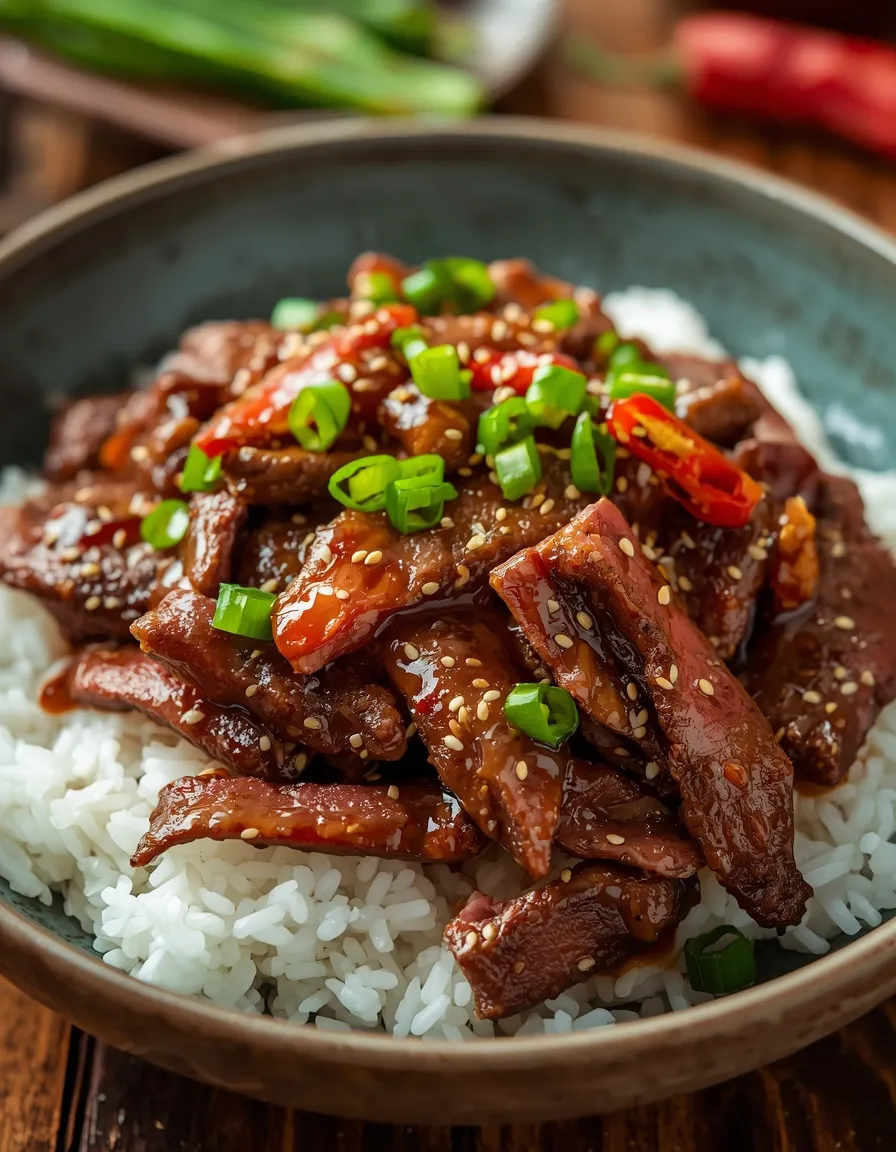 Mongolian Beef Recipe with crispy flank steak, glossy sauce, scallions, and red chili peppers