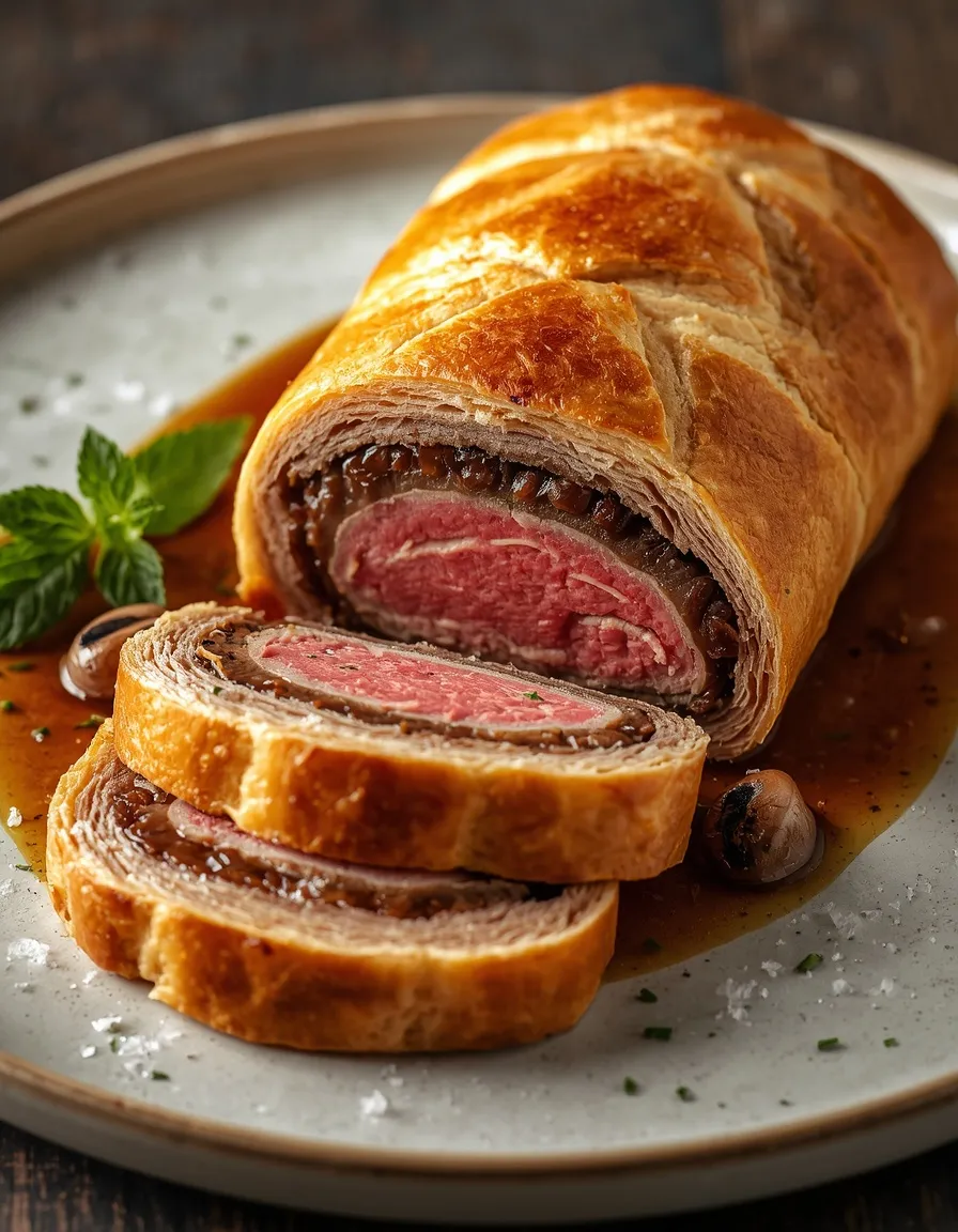 Beef Wellington Recipe with golden puff pastry, tender beef tenderloin, mushroom duxelles, Parma ham, and fresh herbs.