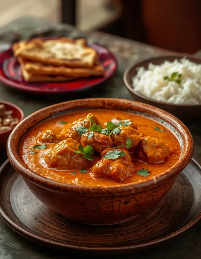 Creamy Butter Chicken with tender chicken pieces in a rich orange tomato cream sauce, garnished with fresh cilantro