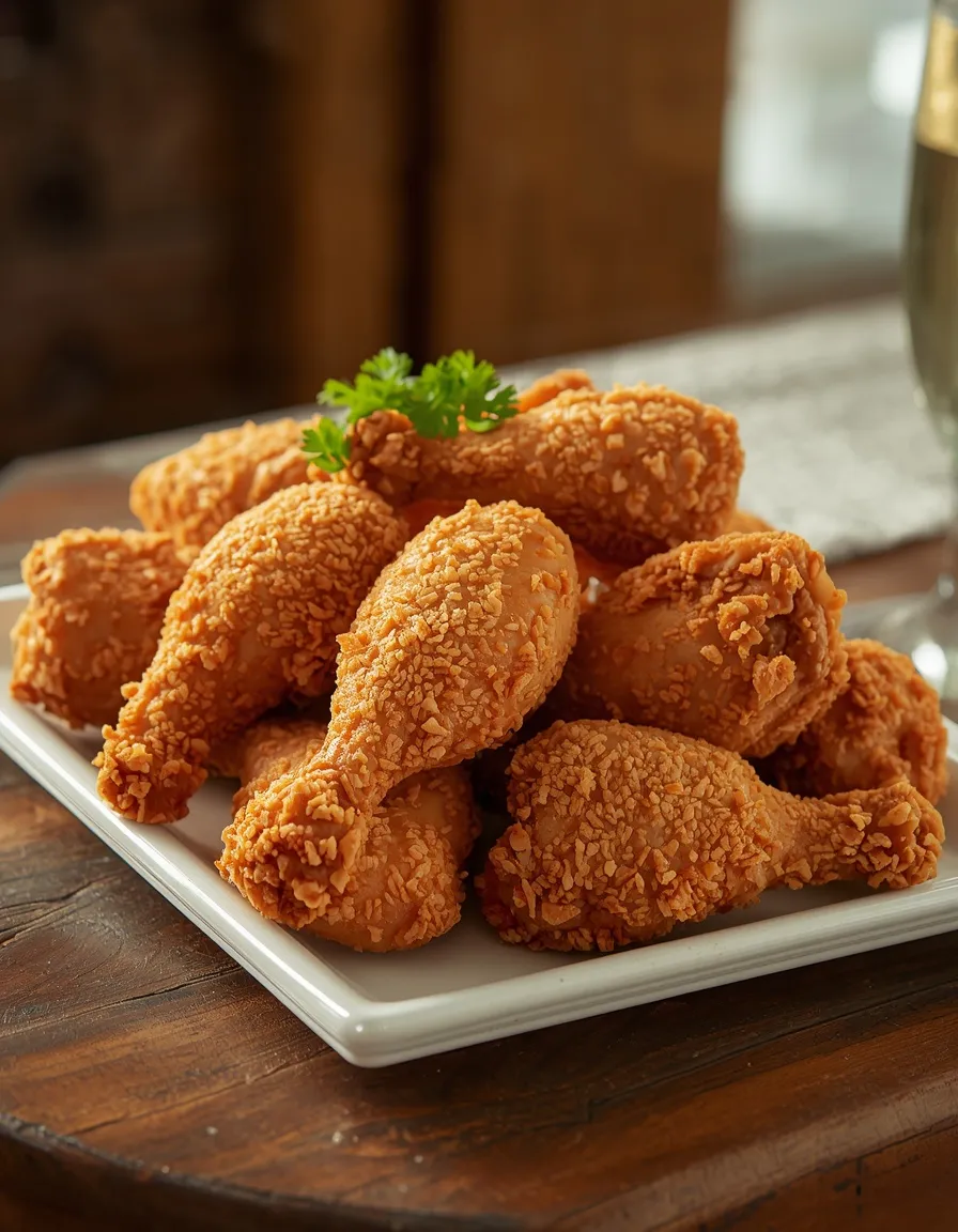 Crispy Fried Chicken with golden crunchy coating and juicy tender chicken served on a platter