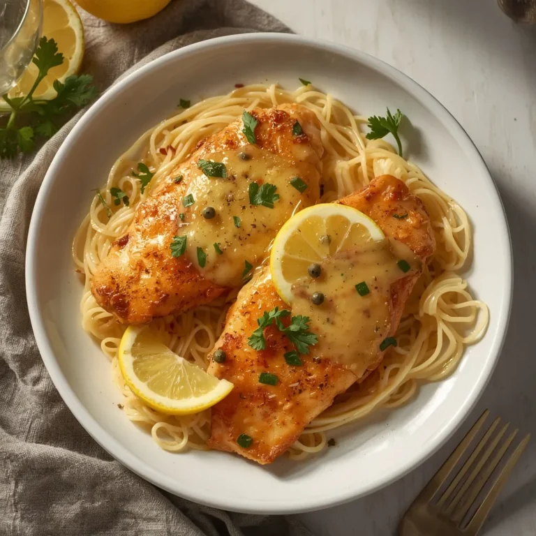 Easy 30-Minute Chicken Piccata with golden chicken cutlets, lemon caper butter sauce, fresh parsley, and pasta.