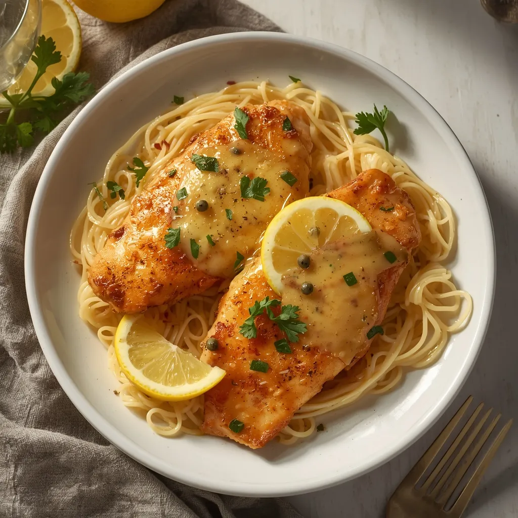 Easy 30-Minute Chicken Piccata with golden chicken cutlets, lemon caper butter sauce, fresh parsley, and pasta.