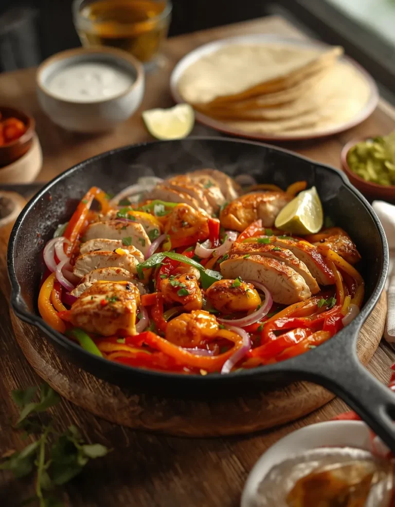 Easy Chicken Fajitas with seasoned chicken, red and green bell peppers, yellow onions, and warm tortillas in a skillet.