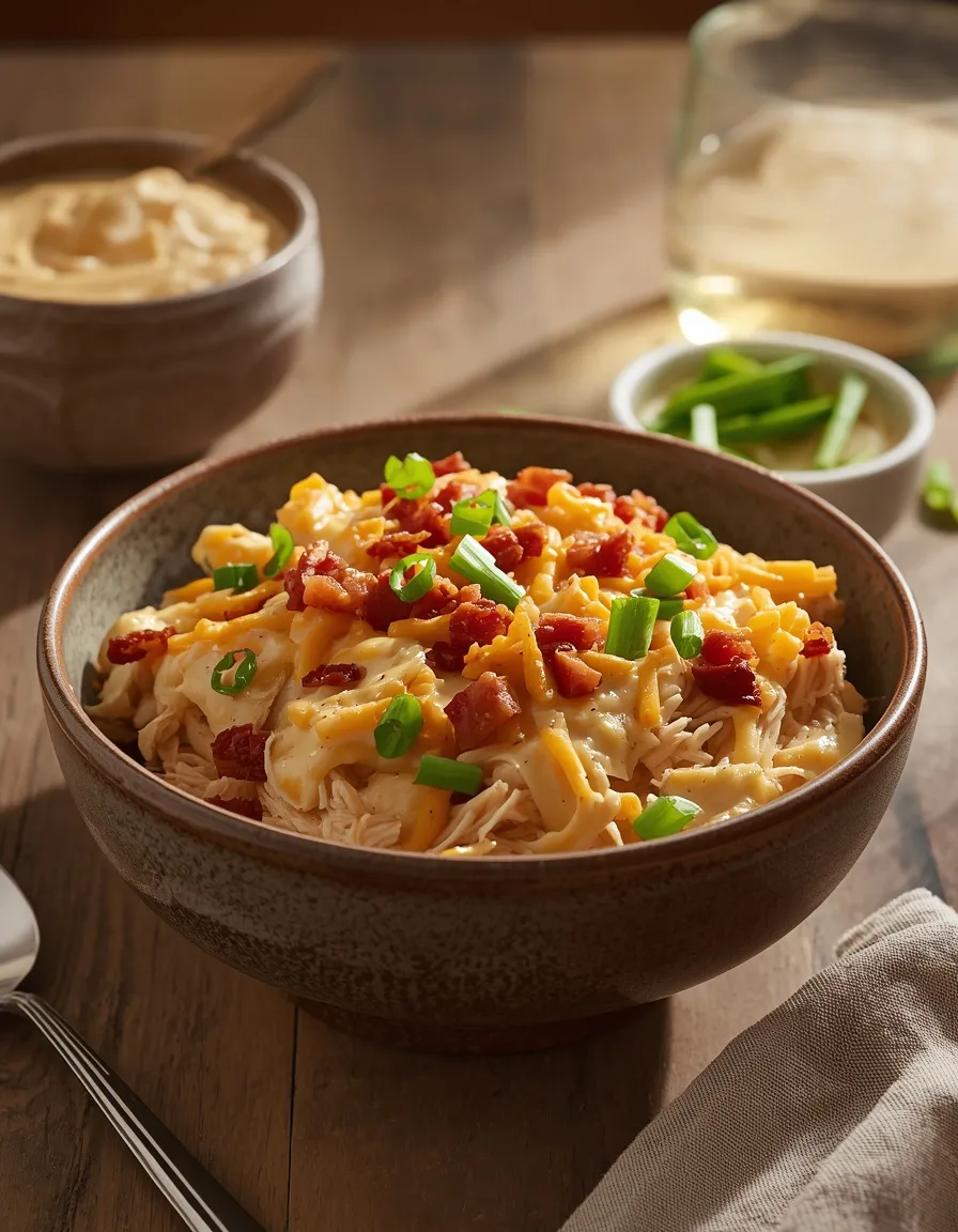 Crockpot Crack Chicken topped with melted cheese, crispy bacon, and fresh green onions.