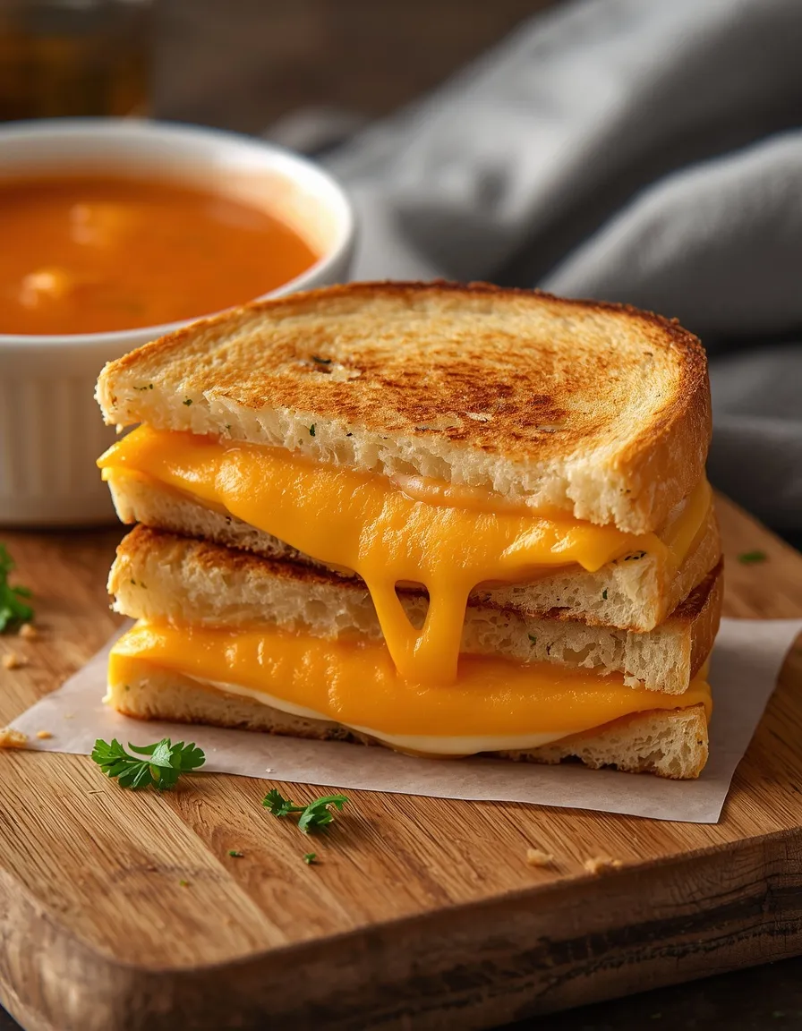 Grilled cheese recipes featuring crispy golden bread, melted cheddar and mozzarella, with tomato soup.