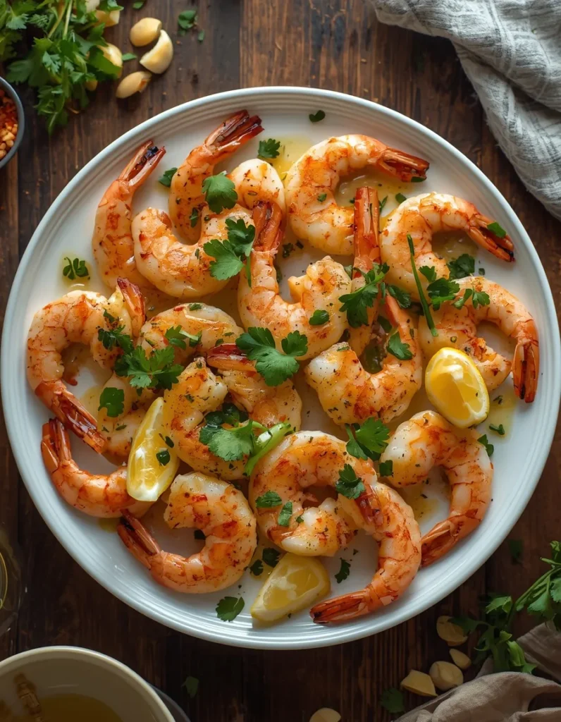 Grilled shrimp recipe with garlic, herbs, and fresh lemon wedges.