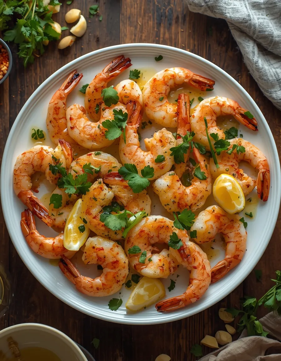 Grilled shrimp recipe with garlic, herbs, and fresh lemon wedges.
