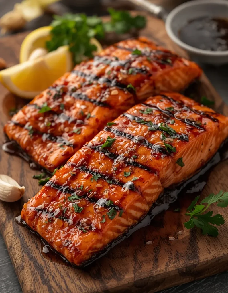 Grilled Salmon with Sweet Soy Marinade topped with a glossy caramelized glaze and fresh lemon slices.