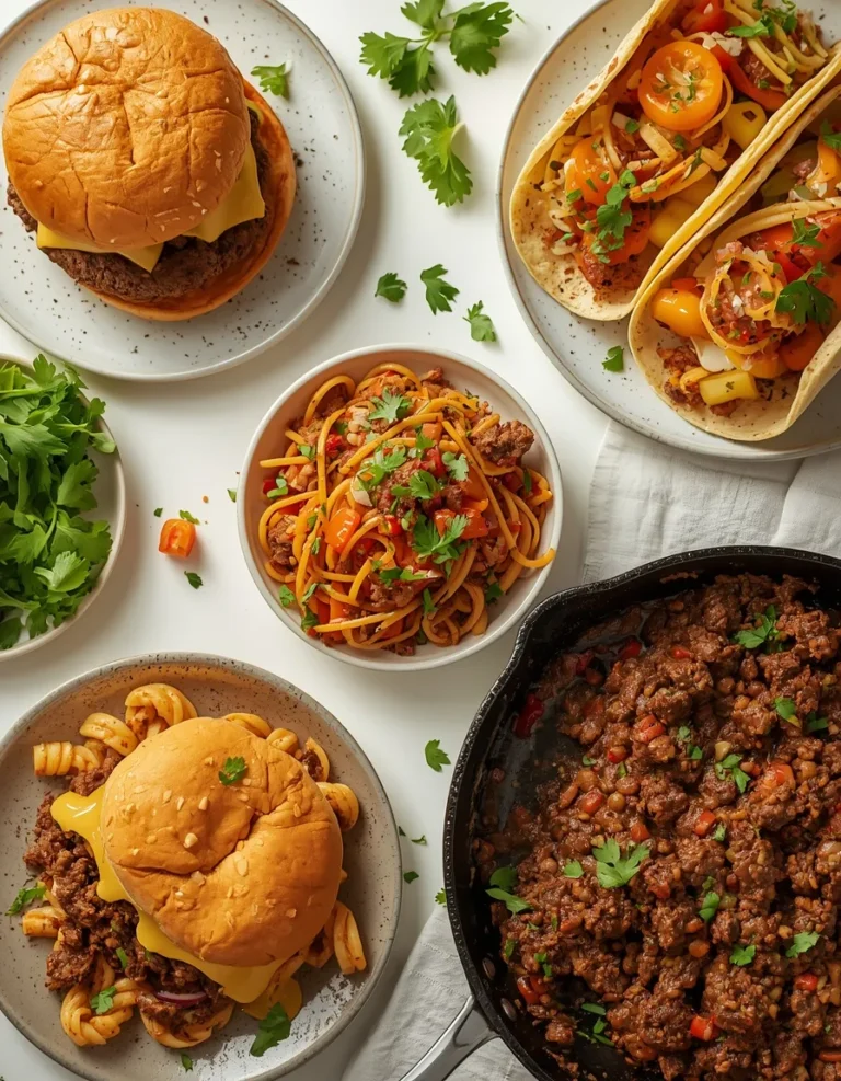 Ground beef dinners ready in 30 minutes featuring cheeseburgers, beef tacos, cheesy pasta, sloppy joes, and chili.