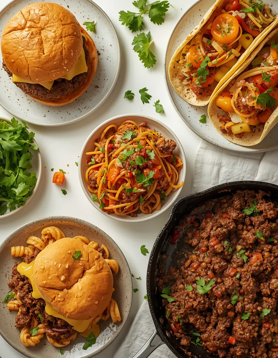 Ground beef dinners ready in 30 minutes featuring cheeseburgers, beef tacos, cheesy pasta, sloppy joes, and chili.