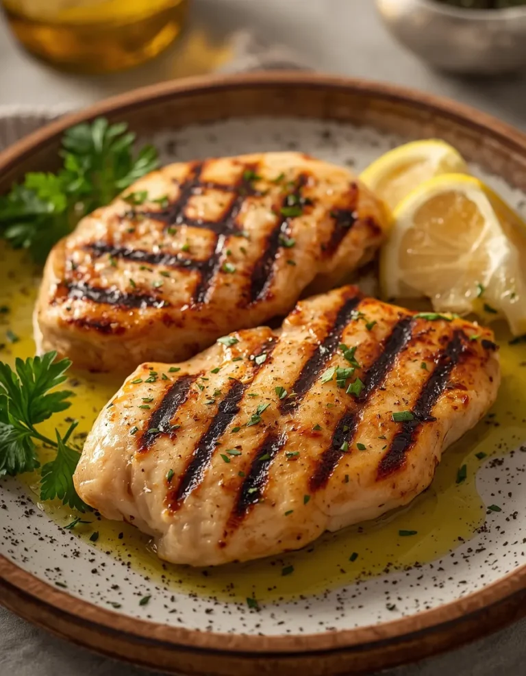 Juicy grilled chicken breast cutlets with golden grill marks, fresh parsley, and lemon wedges on a plate.