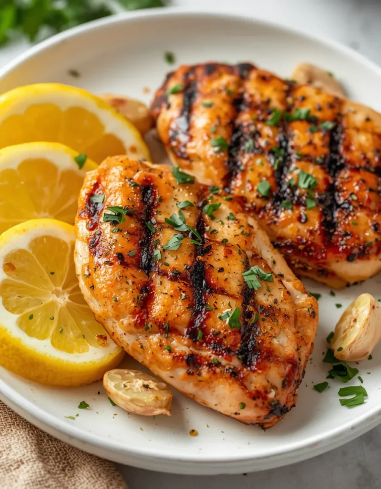 Grilled Chicken Breast Recipe featuring golden grilled chicken, lemon wedges, and fresh herbs on a white plate.