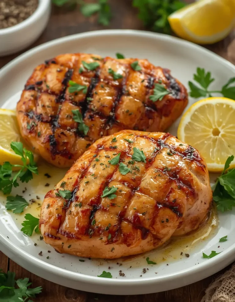 Juicy grilled chicken breasts with lemon wedges, oregano, and golden-brown grill marks on a plate.