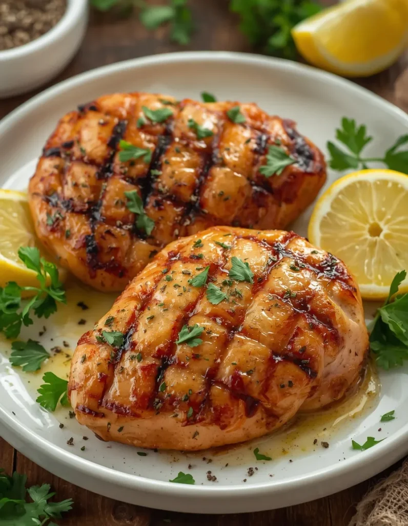 Juicy grilled chicken breasts with lemon wedges, oregano, and golden-brown grill marks on a plate.