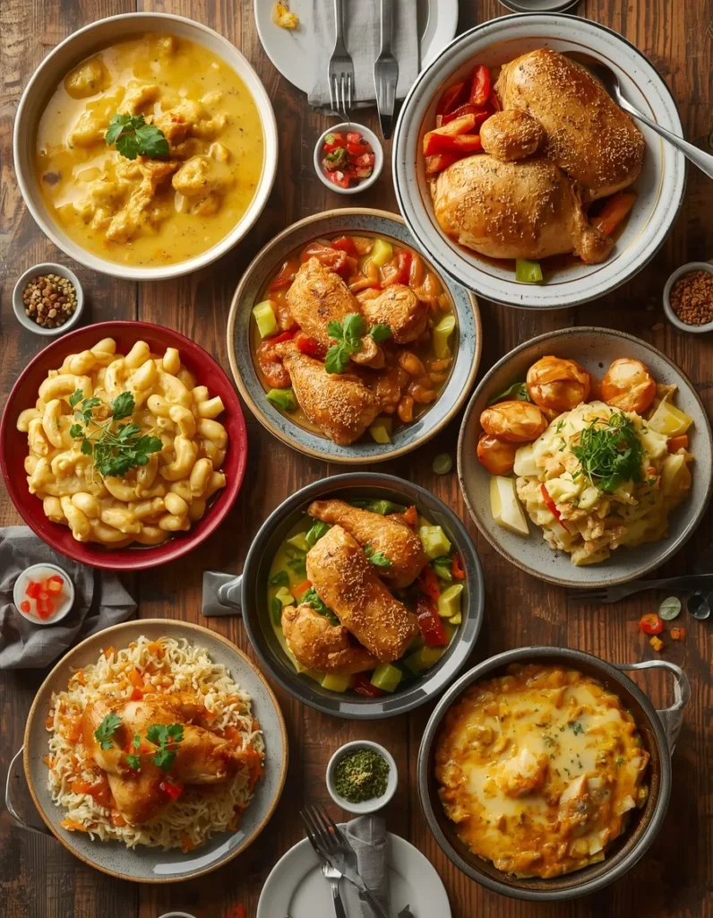 Rotisserie Chicken Dinners featuring chicken soup, chicken cobbler, buffalo chicken mac and cheese, ramen, casserole, and chicken salad.